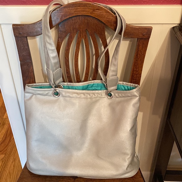 Tote in Silver, Bright Sea Green and Shades of Gray with Cheetah Accent - Picture 2 of 9